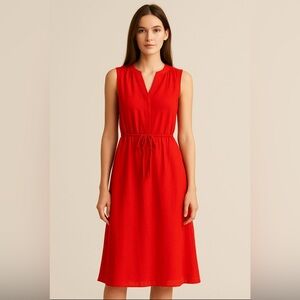 NEW DR2 Coral Red Midi Dress V-Neck Sleeveless Drawstring Waist Size Medium